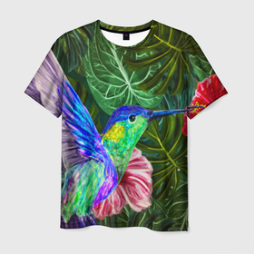 Мужская футболка 3D с принтом Колибри живопись в Санкт-Петербурге, 100% полиэфир | прямой крой, круглый вырез горловины, длина до линии бедер | живопись | зеленый | колибри | красный | листок | природа | птица | синий | цветок