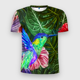 Мужская футболка 3D Slim с принтом Колибри живопись в Екатеринбурге, 100% полиэстер с улучшенными характеристиками | приталенный силуэт, круглая горловина, широкие плечи, сужается к линии бедра | живопись | зеленый | колибри | красный | листок | природа | птица | синий | цветок