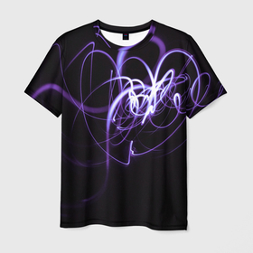 Мужская футболка 3D с принтом Неоновый узор   Фиолетовый в Кировске, 100% полиэфир | прямой крой, круглый вырез горловины, длина до линии бедер | abstraction | art | artwork | colorful | colors | neon | surrealism | абстракция | арт | искусство | линии | лучи | неон | разноцветный | сюрреализм | узор | цвета