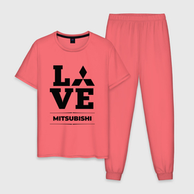 Мужская пижама хлопок с принтом Mitsubishi Love Classic в Екатеринбурге, 100% хлопок | брюки и футболка прямого кроя, без карманов, на брюках мягкая резинка на поясе и по низу штанин
 | Тематика изображения на принте: auto | brand | logo | love | mitsubishi | symbol | авто | бренд | лого | митсубиси | мицубиси | символ