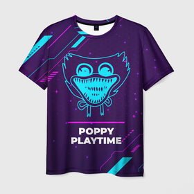 Мужская футболка 3D с принтом Символ Poppy Playtime в неоновых цветах на темном фоне в Тюмени, 100% полиэфир | прямой крой, круглый вырез горловины, длина до линии бедер | huggy | logo | neon | playtime | poppy | poppy playtime | ваги | игра | игры | лого | логотип | неон | огонь | пламя | плейтайм | поппи | символ | хаги