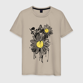 Мужская футболка хлопок с принтом Save love ромашки в Санкт-Петербурге, 100% хлопок | прямой крой, круглый вырез горловины, длина до линии бедер, слегка спущенное плечо. | flovers | любовь | надписи | подтеки | цветы