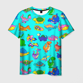 Мужская футболка 3D с принтом PREHISTORIC DINOSAURS в Санкт-Петербурге, 100% полиэфир | прямой крой, круглый вырез горловины, длина до линии бедер | детские картинки | доисторический | животные | забавные | зеленый | хищник