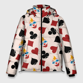 Мужская зимняя куртка 3D с принтом Джокер карты масть cards joker clown в Кировске, верх — 100% полиэстер; подкладка — 100% полиэстер; утеплитель — 100% полиэстер | длина ниже бедра, свободный силуэт Оверсайз. Есть воротник-стойка, отстегивающийся капюшон и ветрозащитная планка. 

Боковые карманы с листочкой на кнопках и внутренний карман на молнии. | cards | clown | joker | джокер | карточная игра | карты | клоун | масти карт