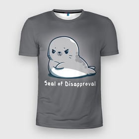 Мужская футболка 3D Slim с принтом Seal of Disapproval в Тюмени, 100% полиэстер с улучшенными характеристиками | приталенный силуэт, круглая горловина, широкие плечи, сужается к линии бедра | seal of disapproval | водное животное | животное | зверек | зверь | знак неодобрения | милый тюлень | морской леопард | морской слон | недовольный тюлень | неодобрение | нерпа | тюленёнок | тюлень