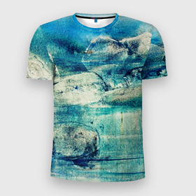 Мужская футболка 3D Slim с принтом Прибрежная синева в Белгороде, 100% полиэстер с улучшенными характеристиками | приталенный силуэт, круглая горловина, широкие плечи, сужается к линии бедра | blue stones | seaside | берег моря | камни на берегу моря | прибрежная синева | синие камни | синий берег