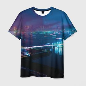 Мужская футболка 3D с принтом Неоновый город и мост   Синий в Санкт-Петербурге, 100% полиэфир | прямой крой, круглый вырез горловины, длина до линии бедер | abstraction | art | artwork | bridge | city | colorful | colors | neon | surrealism | абстракция | арт | город | искусство | мост | неон | разноцветный | сюрреализм | цвета