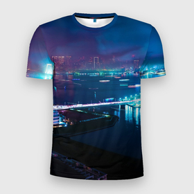 Мужская футболка 3D Slim с принтом Неоновый город и мост   Синий , 100% полиэстер с улучшенными характеристиками | приталенный силуэт, круглая горловина, широкие плечи, сужается к линии бедра | abstraction | art | artwork | bridge | city | colorful | colors | neon | surrealism | абстракция | арт | город | искусство | мост | неон | разноцветный | сюрреализм | цвета