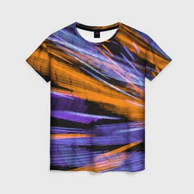 Женская футболка 3D с принтом Неоновые прерывающиеся линии   Оранжевый и фиолетовый в Петрозаводске, 100% полиэфир ( синтетическое хлопкоподобное полотно) | прямой крой, круглый вырез горловины, длина до линии бедер | abstraction | art | artwork | colorful | colors | neon | surrealism | абстракция | арт | искусство | краски | линии | лучи | неон | разноцветный | сюрреализм | цвета