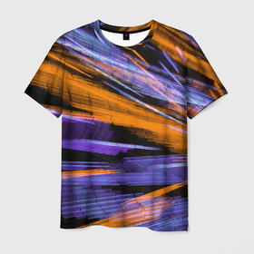 Мужская футболка 3D с принтом Неоновые прерывающиеся линии   Оранжевый и фиолетовый в Санкт-Петербурге, 100% полиэфир | прямой крой, круглый вырез горловины, длина до линии бедер | abstraction | art | artwork | colorful | colors | neon | surrealism | абстракция | арт | искусство | краски | линии | лучи | неон | разноцветный | сюрреализм | цвета