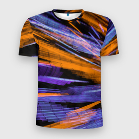 Мужская футболка 3D Slim с принтом Неоновые прерывающиеся линии   Оранжевый и фиолетовый в Петрозаводске, 100% полиэстер с улучшенными характеристиками | приталенный силуэт, круглая горловина, широкие плечи, сужается к линии бедра | abstraction | art | artwork | colorful | colors | neon | surrealism | абстракция | арт | искусство | краски | линии | лучи | неон | разноцветный | сюрреализм | цвета