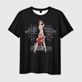 Мужская футболка 3D с принтом ROCK N ROLL UNTIL I DIE , 100% полиэфир | прямой крой, круглый вырез горловины, длина до линии бедер | винтаж | гитара | девушка | машина | музыка | ностальгия | рок н ролл