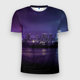 Мужская футболка 3D Slim с принтом Неоновый город с рекой   Фиолетовый , 100% полиэстер с улучшенными характеристиками | приталенный силуэт, круглая горловина, широкие плечи, сужается к линии бедра | abstraction | art | artwork | city | colorful | colors | lights | neon | river | surrealism | абстракция | арт | город | искусство | неон | разноцветный | река | сюрреализм | фонари | цвета