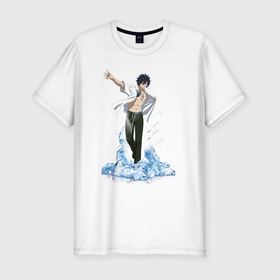Мужская футболка хлопок Slim с принтом Грей на льду в Екатеринбурге, 92% хлопок, 8% лайкра | приталенный силуэт, круглый вырез ворота, длина до линии бедра, короткий рукав | fairy tail | грей | грей на льду | лёд | маг льда | отмороженный | хвост феи
