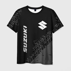 Мужская футболка 3D с принтом Suzuki Speed на темном фоне со следами шин в Петрозаводске, 100% полиэфир | прямой крой, круглый вырез горловины, длина до линии бедер | auto | brand | logo | speed | suzuki | symbol | авто | бренд | лого | символ | следы | сузуки | шины