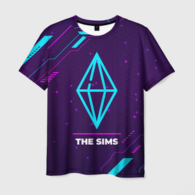Мужская футболка 3D с принтом Символ The Sims в неоновых цветах на темном фоне в Кировске, 100% полиэфир | прямой крой, круглый вырез горловины, длина до линии бедер | logo | neon | sims | the | the sims | глитч | игра | игры | лого | логотип | неон | символ | симс