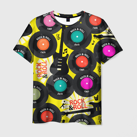 Мужская футболка 3D с принтом ROCKNROLL VINYL RECORDS в Кировске, 100% полиэфир | прямой крой, круглый вырез горловины, длина до линии бедер | виниловые пластинки | винтаж | гитара | музыка | ностальгия | рок н ролл