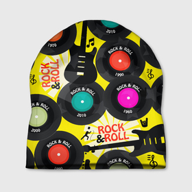 Шапка 3D с принтом ROCKNROLL VINYL RECORDS в Кировске, 100% полиэстер | универсальный размер, печать по всей поверхности изделия | виниловые пластинки | винтаж | гитара | музыка | ностальгия | рок н ролл