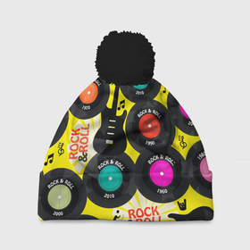 Шапка 3D c помпоном с принтом ROCKNROLL VINYL RECORDS в Тюмени, 100% полиэстер | универсальный размер, печать по всей поверхности изделия | виниловые пластинки | винтаж | гитара | музыка | ностальгия | рок н ролл