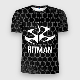 Мужская футболка 3D Slim с принтом Hitman Glitch на темном фоне в Новосибирске, 100% полиэстер с улучшенными характеристиками | приталенный силуэт, круглая горловина, широкие плечи, сужается к линии бедра | glitch | hitman | logo | игра | игры | краска | краски | лого | логотип | символ | хитман