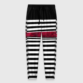 Мужские брюки 3D с принтом Полосатый современный черно белый с красной вставкой узор , 100% полиэстер | манжеты по низу, эластичный пояс регулируется шнурком, по бокам два кармана без застежек, внутренняя часть кармана из мелкой сетки | red | striped pattern | stripes | красный и черный | красный мрамор | полосатый узор | черно белый
