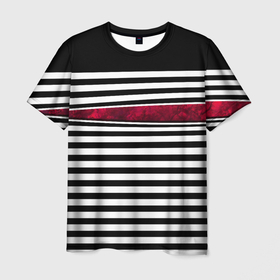 Мужская футболка 3D с принтом Полосатый современный черно белый с красной вставкой узор в Белгороде, 100% полиэфир | прямой крой, круглый вырез горловины, длина до линии бедер | red | striped pattern | stripes | красный и черный | красный мрамор | полосатый узор | черно белый