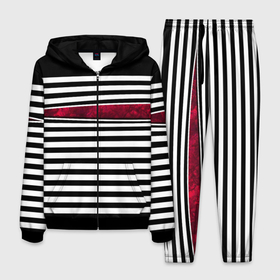 Мужской костюм 3D с принтом Полосатый современный черно белый с красной вставкой узор , 100% полиэстер | Манжеты и пояс оформлены тканевой резинкой, двухслойный капюшон со шнурком для регулировки, карманы спереди | Тематика изображения на принте: red | striped pattern | stripes | красный и черный | красный мрамор | полосатый узор | черно белый