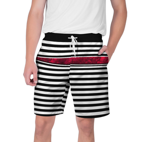 Мужские шорты 3D с принтом Полосатый современный черно белый с красной вставкой узор ,  полиэстер 100% | прямой крой, два кармана без застежек по бокам. Мягкая трикотажная резинка на поясе, внутри которой широкие завязки. Длина чуть выше колен | red | striped pattern | stripes | красный и черный | красный мрамор | полосатый узор | черно белый