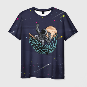 Мужская футболка 3D с принтом Космонавт на волне    серфинг , 100% полиэфир | прямой крой, круглый вырез горловины, длина до линии бедер | Тематика изображения на принте: волны | космонавт | космос | море | океан | серфинг