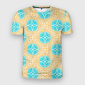Мужская футболка 3D Slim с принтом Желтые и голубые круговые узоры в Кировске, 100% полиэстер с улучшенными характеристиками | приталенный силуэт, круглая горловина, широкие плечи, сужается к линии бедра | бутоны | паттерн | т | узор | узоры | цветы