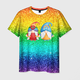 Мужская футболка 3D с принтом Радужные  гномики в Белгороде, 100% полиэфир | прямой крой, круглый вырез горловины, длина до линии бедер | Тематика изображения на принте: гномики | гномы | радуга | радужные