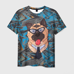 Мужская футболка 3D с принтом Бульдог офисный клерк  в очках в Белгороде, 100% полиэфир | прямой крой, круглый вырез горловины, длина до линии бедер | бульдог | коллега | офис | офисный | пес | собака