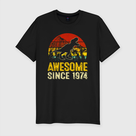 Мужская футболка хлопок Slim с принтом Потрясающий динозавр 1974 года в Санкт-Петербурге, 92% хлопок, 8% лайкра | приталенный силуэт, круглый вырез ворота, длина до линии бедра, короткий рукав | 1974 | 74 | dino | dinosaur | tyrannosaurus | tyrex | архозавр | год | год рождения | день рождения | дино | динозавр | динозавры | ко дню рождения | на день рождения | прямиком из | родился в | сделан в | тираннозавр