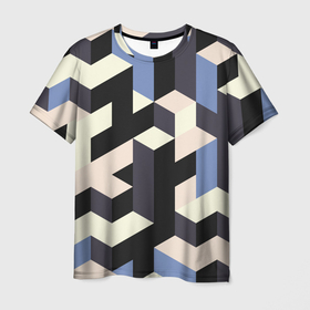Мужская футболка 3D с принтом Изометрическая Мозаика в Курске, 100% полиэфир | прямой крой, круглый вырез горловины, длина до линии бедер | isometric | mosaic | pattern | изометрический | мозаика | синий | узор