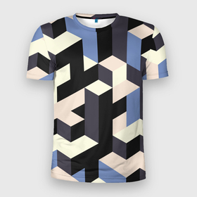 Мужская футболка 3D Slim с принтом Изометрическая Мозаика в Екатеринбурге, 100% полиэстер с улучшенными характеристиками | приталенный силуэт, круглая горловина, широкие плечи, сужается к линии бедра | isometric | mosaic | pattern | изометрический | мозаика | синий | узор