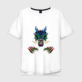 Мужская футболка хлопок Oversize с принтом Зелёный дракон Цинлун в Кировске, 100% хлопок | свободный крой, круглый ворот, “спинка” длиннее передней части | Тематика изображения на принте: дракон | китай | когти | радость | счастье | ужас