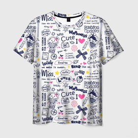 Мужская футболка 3D с принтом HAPPINESS TO LOVE в Петрозаводске, 100% полиэфир | прямой крой, круглый вырез горловины, длина до линии бедер | английский | девочка | конфета | любовь | пироженое | слова | счастье | фотоаппарат | цитаты