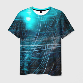 Мужская футболка 3D с принтом Неоновые волны и линии   Голубой в Санкт-Петербурге, 100% полиэфир | прямой крой, круглый вырез горловины, длина до линии бедер | abstraction | art | artwork | colorful | colors | lines | neon | surrealism | waves | абстракция | арт | волны | искусство | линии | неон | разноцветный | сюрреализм | цвета