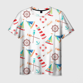 Мужская футболка 3D с принтом Marine theme texture в Санкт-Петербурге, 100% полиэфир | прямой крой, круглый вырез горловины, длина до линии бедер | весла | маяк | морская тема | текстура | штурвал | якорь