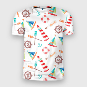 Мужская футболка 3D Slim с принтом Marine theme texture в Тюмени, 100% полиэстер с улучшенными характеристиками | приталенный силуэт, круглая горловина, широкие плечи, сужается к линии бедра | весла | маяк | морская тема | текстура | штурвал | якорь