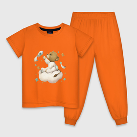 Детская пижама хлопок с принтом Львенок на облачке в Петрозаводске, 100% хлопок |  брюки и футболка прямого кроя, без карманов, на брюках мягкая резинка на поясе и по низу штанин
 | Тематика изображения на принте: unique | для мальчиков | львенок | облако | ракета
