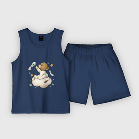 Детская пижама с шортами хлопок с принтом Львенок на облачке в Тюмени,  |  | unique | для мальчиков | львенок | облако | ракета