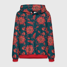 Мужская толстовка 3D с принтом Red flowers texture в Рязани, 100% полиэстер | двухслойный капюшон со шнурком для регулировки, мягкие манжеты на рукавах и по низу толстовки, спереди карман-кенгуру с мягким внутренним слоем. | flowers | красные цветы | растения | текстура | цветы