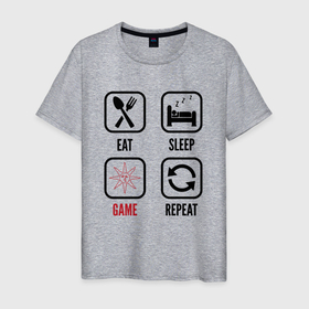 Мужская футболка хлопок с принтом Eat   Sleep   Dark Souls   Repeat в Екатеринбурге, 100% хлопок | прямой крой, круглый вырез горловины, длина до линии бедер, слегка спущенное плечо. | dark | dark souls | eat sleep repeat | logo | souls | дарк | игра | игры | лого | логотип | символ | соулс