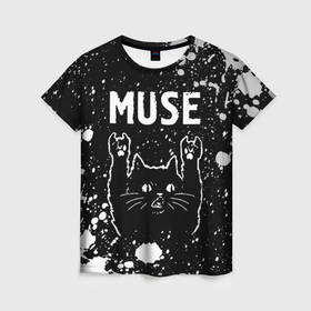 Женская футболка 3D с принтом Группа Muse и Рок Кот в Белгороде, 100% полиэфир ( синтетическое хлопкоподобное полотно) | прямой крой, круглый вырез горловины, длина до линии бедер | band | metal | muse | paint | rock | брызги | группа | кот | краска | мьюз | рок | рок кот