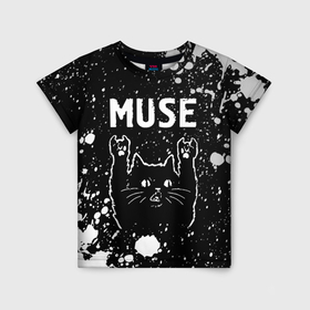Детская футболка 3D с принтом Группа Muse и Рок Кот в Петрозаводске, 100% гипоаллергенный полиэфир | прямой крой, круглый вырез горловины, длина до линии бедер, чуть спущенное плечо, ткань немного тянется | band | metal | muse | paint | rock | брызги | группа | кот | краска | мьюз | рок | рок кот