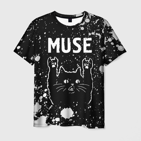 Мужская футболка 3D с принтом Группа Muse и Рок Кот в Тюмени, 100% полиэфир | прямой крой, круглый вырез горловины, длина до линии бедер | band | metal | muse | paint | rock | брызги | группа | кот | краска | мьюз | рок | рок кот
