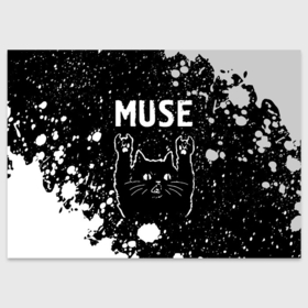 Поздравительная открытка с принтом Группа Muse и Рок Кот в Петрозаводске, 100% бумага | плотность бумаги 280 г/м2, матовая, на обратной стороне линовка и место для марки
 | band | metal | muse | paint | rock | брызги | группа | кот | краска | мьюз | рок | рок кот