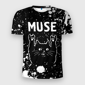 Мужская футболка 3D Slim с принтом Группа Muse и Рок Кот в Кировске, 100% полиэстер с улучшенными характеристиками | приталенный силуэт, круглая горловина, широкие плечи, сужается к линии бедра | band | metal | muse | paint | rock | брызги | группа | кот | краска | мьюз | рок | рок кот