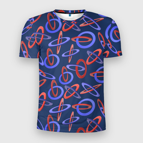 Мужская футболка 3D Slim с принтом Колечки 3Д в Кировске, 100% полиэстер с улучшенными характеристиками | приталенный силуэт, круглая горловина, широкие плечи, сужается к линии бедра | геометрия | звенья | кольца | красный | неон | синий